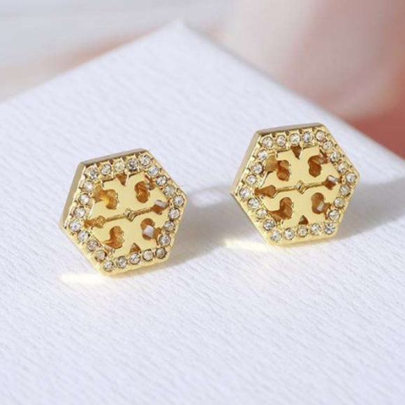 New Tory Burch Hex Pavรฉ Stud Earrings in Gold - Picture 4 of 5